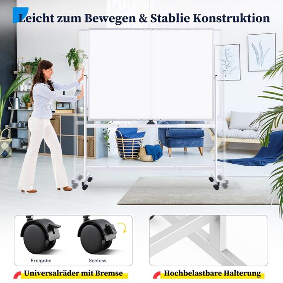 maxtek Whiteboard mit Ständer 150 X 120cm, Doppelseitiges Magnetisches Aluminiumrahmen Mobiles Whiteboard mit Stifte, Schwämme, Tafellöscher