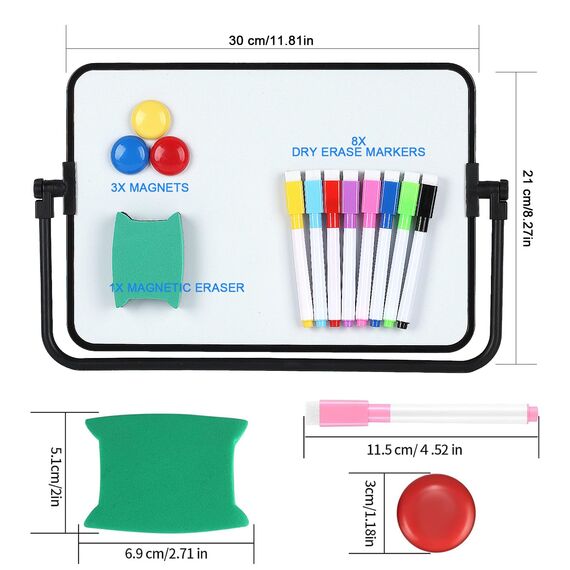 Whiteboard Magnetwand, kleine doppelseitige Whiteboard Trocken abwischbare, A4 Format Magnettafel Magnetwand, mit trocken abwischbaren Stiften, Radiergummi, Magneten, Halterung, 30x21cm