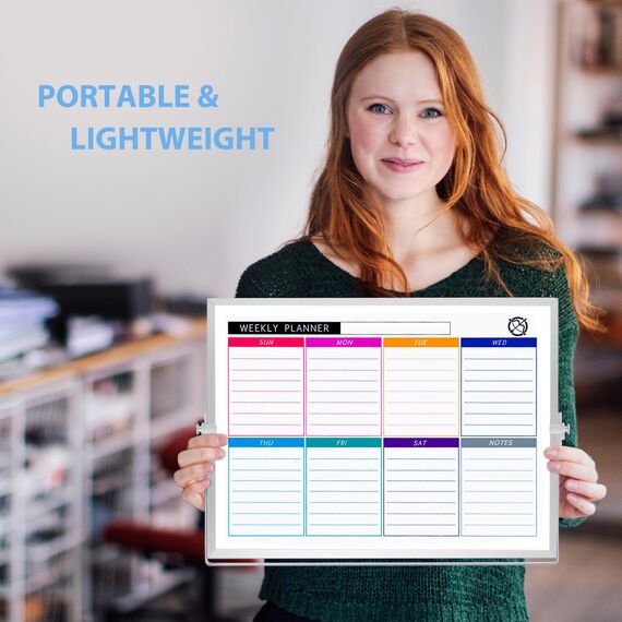 Klein Whiteboard Weekly Planner Magnetic– 40 x 30 cm Wochenplaner abwischbar, tragbarer Double-Sided White board-Ständer für Zuhause, Schule, Küche, Schreibtisch inkl. 10 Stifte, 4 Magnete, 1 Schwamm