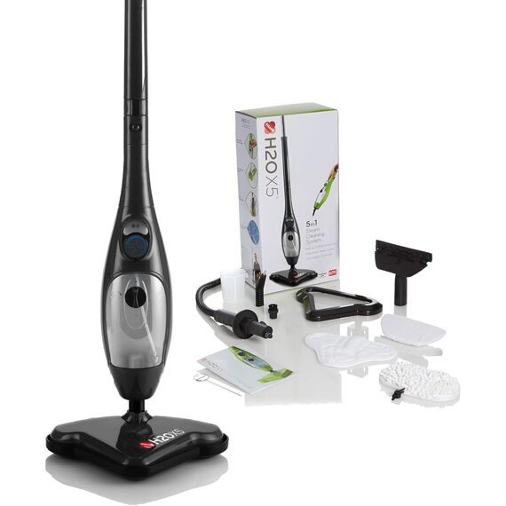 H2O X5+ 5-in-1 Dampfbesen & Handdampfreiniger – Multifunktional für Böden, Teppiche, Fenster & Polster – 1500W, Aufheizzeit ca. 15 Sek. (Schwarz)