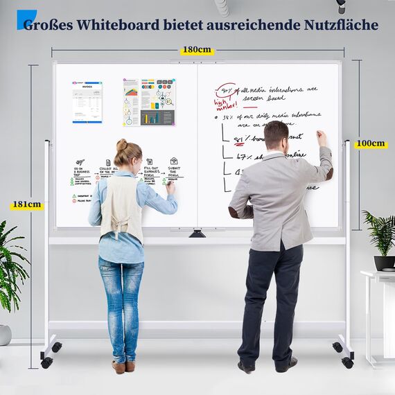 maxtek Whiteboard mit Ständer 180 X 100cm, Doppelseitiges Magnetisches Aluminiumrahmen Mobiles Whiteboard mit Stifte, Schwämme, Tafellöscher