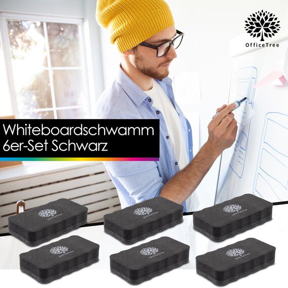 OfficeTree 6x Whiteboard Schwamm Magnetisch - Schwarz - Whiteboardreiniger entfernt Schrift und Zeichnungen - Tafelwischer - Magnetschwamm - Tafelwischer Whiteboard magnetisch