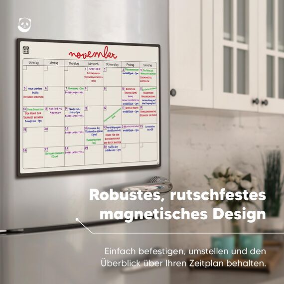 Smart Panda Monatsplaner Magnetisch Kühlschrank - Abwischbarer Kalender & Magnetisches Whiteboard für die Küche, Monatliche Familienplanung, Fleckfrei Radierbar (A3, Deutsch)