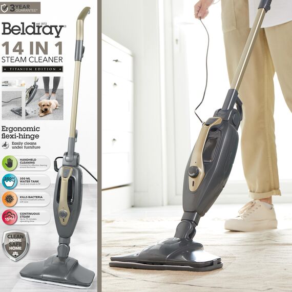 Beldray BEL01732TTVDE Titanium 14 in 1 Dampfreiniger Mopp – Mehrzweck-Handdampfer, 350 ml, Flexi-Scharnier, chemiefrei, Fensterreiniger, zusätzliche Düsen und Mopppads enthalten, 1300 W