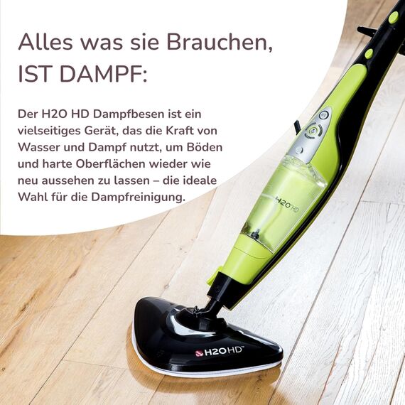 H2O HD PRO 2-in-1 Dampfreiniger & Handdampfer Set – 1500W Dampfbesen, 450ml Tank & H2O E3 System – Für Hartböden, Teppiche & Polster – Reinigung ohne chemische Reiniger