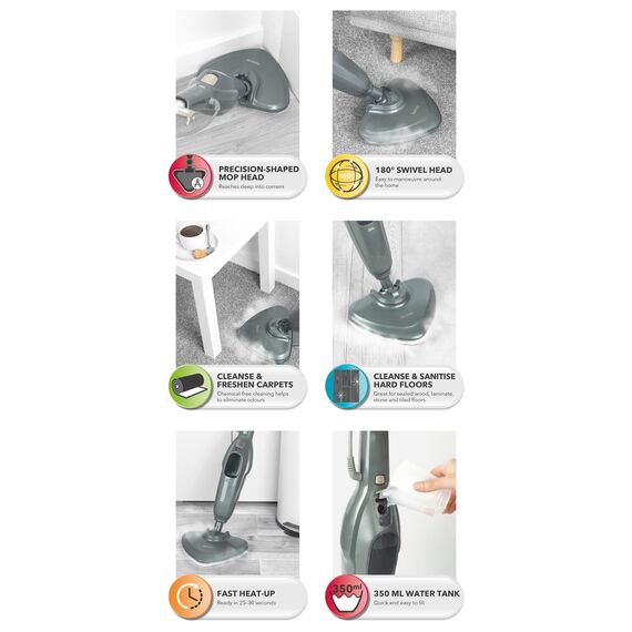 Beldray Clean & Refresh Dampfreiniger – Dampfmopp, Chemikalienfreie Reinigung, Präzisionskopf für Ecken, Schnellaufheizung, 350 ml Wassertank, Teppich, Laminat, Holz, 1300W, BEL01986VDE