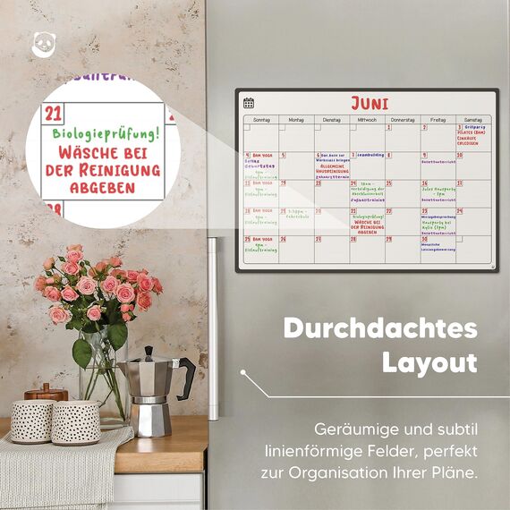 Smart Panda Monatsplaner Magnetisch Kühlschrank - Abwischbarer Kalender & Magnetisches Whiteboard für die Küche, Monatliche Familienplanung, Fleckfrei Radierbar (A3, Deutsch)