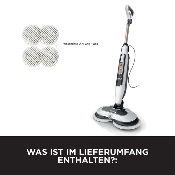 Shark Dampfreiniger, automatischer Dampfbesen mit Steam Blaster, 2 rotierende Power Pads, 3 Dampfstufen, desinfiziert, entfernt Flecken und Schmutz, für versiegelte Hartböden, weiß und grau S8201EU
