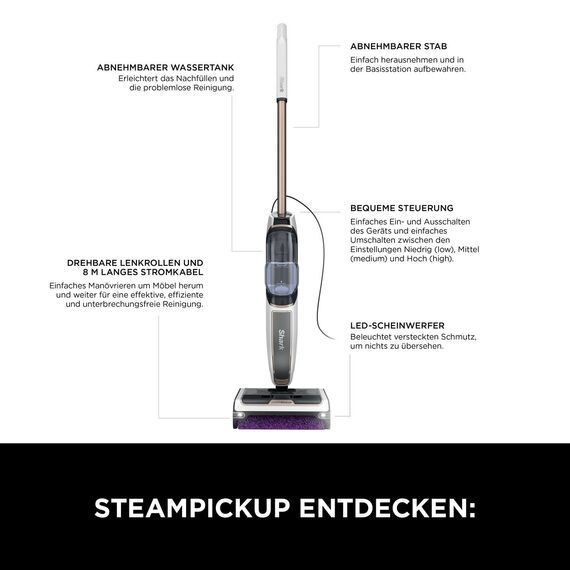 Shark SteamPickUp 3-in-1-Dampfreiniger, harte Böden, chemiefrei, reinigt nassen & trockenen Schmutz, 420ml Fassungsvermögen, Extra-Bürstenrolle, Aufbewahrungsstation, Bürstenrollenhalter, Weiß SD200EU