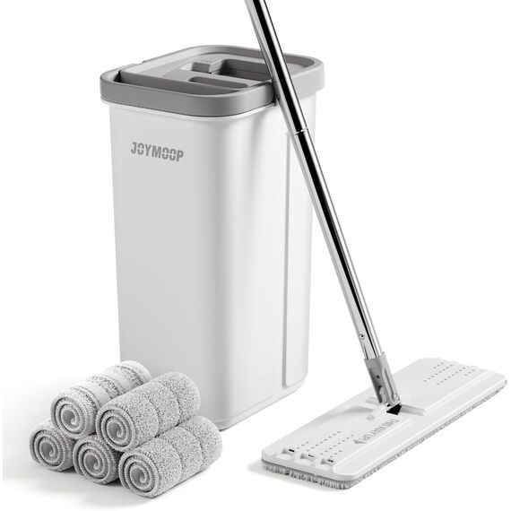 JOYMOOP Mop und Eimer mit Wringer Set, Hands Free Flat Floor Mop und Eimer, mit 5 waschbaren Mikrofaserpads, Nass- und Trockeneinsatz, Bodenreinigungssystem