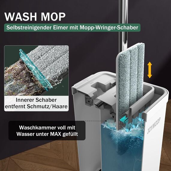 JOYMOOP Mopp und Eimer mit Wringer Set für Zuhause, Flaches Mopp- und Eimersystem, Mopps für Bodenreinigung und Wandreiniger, mit 3 wiederverwendbaren Mikrofaser-Mopp-Pads