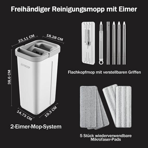 JOYMOOP Mop und Eimer mit Wringer Set, Hands Free Flat Floor Mop und Eimer, mit 5 waschbaren Mikrofaserpads, Nass- und Trockeneinsatz, Bodenreinigungssystem