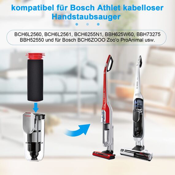 2 Stück Ersatzfilter für Bosch Athlet 25.2v Staubsauger BCH6ZOOO BCH6L2560 BCH6L2561 Stabfilter und Schaumstofffilter für Bosch Athlet Zoo'o Pro Animal Akkusauger Ersatzteile Zubehör