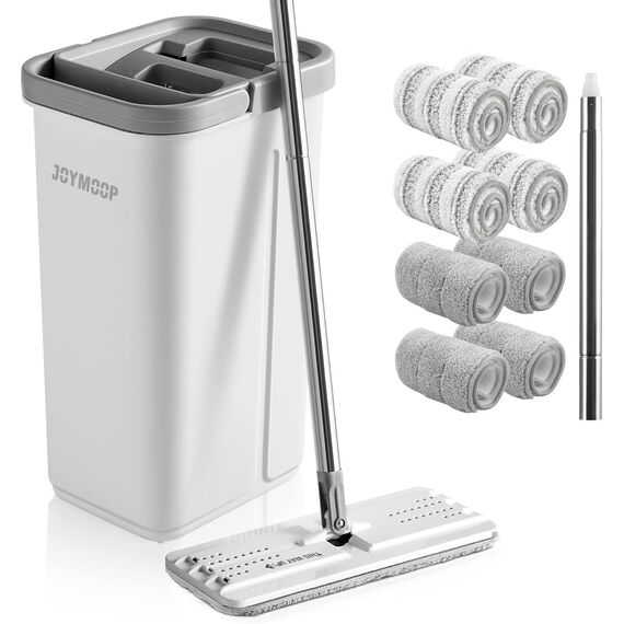 JOYMOOP Wischmopp und Eimer mit Auswringer-Set, freihändiger Flacher Bodenwischer und Eimer, mit 8 waschbaren Mikrofaser-Pads und verlängertem Wischgriff, Nass- und Trockengebrauch