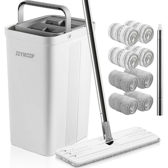JOYMOOP Wischmopp und Eimer mit Auswringer-Set, Flacher Bodenwischer und Eimer, mit 8 Mikrofaser-Pads und verlängertem Griff, nasse und trockene Verwendung, Haushaltsreinigungswerkzeuge