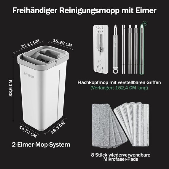 JOYMOOP Wischmopp und Eimer mit Auswringer-Set, freihändiger Flacher Bodenwischer und Eimer, mit 8 waschbaren Mikrofaser-Pads und verlängertem Wischgriff, Nass- und Trockengebrauch