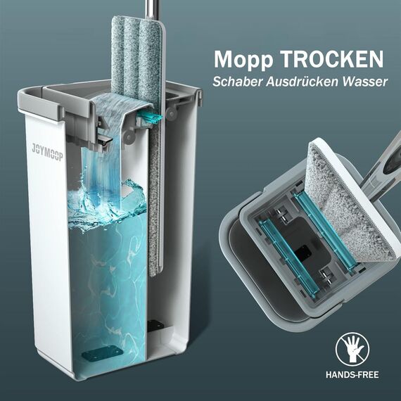 JOYMOOP Wischmopp und Eimer mit Auswringer-Set, freihändiger Flacher Bodenwischer und Eimer, mit 8 waschbaren Mikrofaser-Pads und verlängertem Wischgriff, Nass- und Trockengebrauch