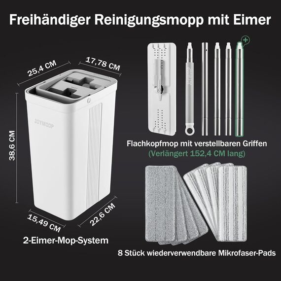 JOYMOOP Wischmopp und Eimer mit Auswringer-Set, Flacher Bodenwischer und Eimer, mit 8 Mikrofaser-Pads und verlängertem Griff, nasse und trockene Verwendung, Haushaltsreinigungswerkzeuge