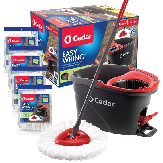 O-Cedar Mop und Eimer Frustfreie Verpackung Microfiber Floor Cleaning System Spin Mop and Bucket with 4 Extra Refills