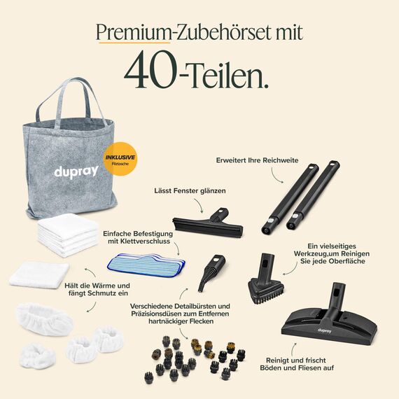 Dupray Neat Dampfreiniger – leistungsstarker Multifunktions-Dampfreiniger für Haus, Böden, Fliesen, Fugen, Möbel, Matratzen, Fenster, Autos & mehr (Neat + 40 Teilen)