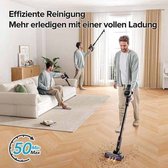 Lubluelu Akku-Staubsauger Kabelloser Staubsauger mit starker Saugleistung, Bis zu 50 Min Laufzeit, Freistehender Akkusauger für Tierhaare, Teppiche & Harte Böden