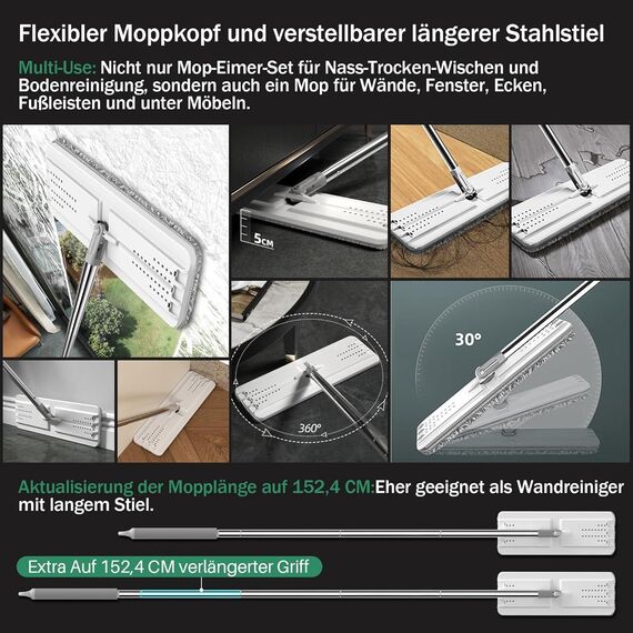 JOYMOOP Wischmopp und Eimer mit Auswringer-Set, freihändiger Flacher Bodenwischer und Eimer, mit 8 waschbaren Mikrofaser-Pads und verlängertem Wischgriff, Nass- und Trockengebrauch