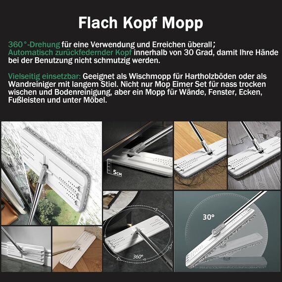 JOYMOOP Mopp und Eimer mit Wringer Set für Zuhause, Flaches Mopp- und Eimersystem, Mopps für Bodenreinigung und Wandreiniger, mit 3 wiederverwendbaren Mikrofaser-Mopp-Pads