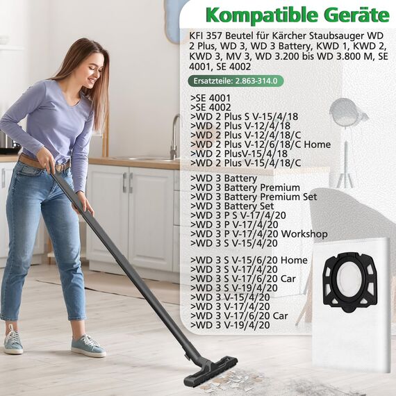 12 Stück KFI 357 Staubsaugerbeutel für Kärcher WD2Plus/WD3/KWD1 /KWD2/KWD3/MV3/WD3.200-WD3.800M/SE4001/SE4002 Staubsauger,Ersetzt 2.863-314.0,für Nass-/Trockensauger mit Kunststoffdeckscheibe