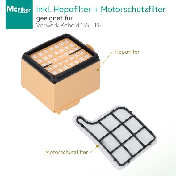 McFilter I Zubehör-Set 15-teilig geeignet für Vorwerk Kobold VK 135, 136, 135SC, 12 Staubsaugerbeutel wie FP135 FP136 FP135 SC, 1 HEPA-Filter, 1 Motorschutzfilter, Typ VO 8335