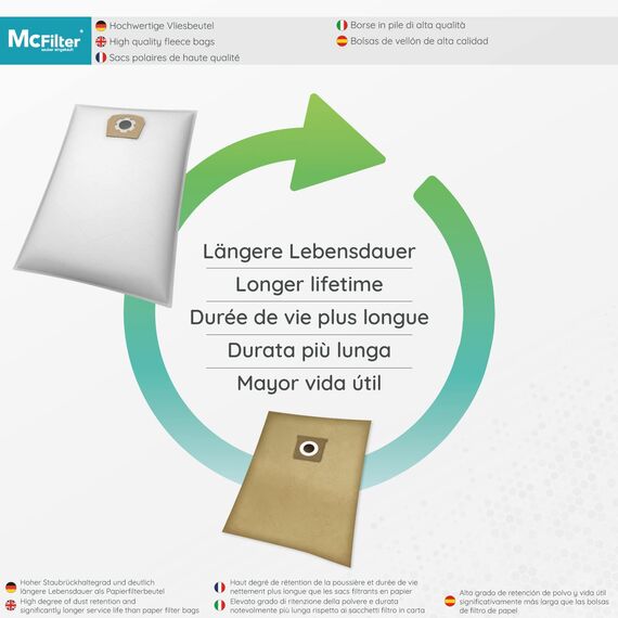 McFilter I 10 Staubsaugerbeutel 50l kompatibel für ALLE Einhell Staubsauger I geeigent für Einhell TE-VC 2350 SACL 2342475 Schmutzfangsack I Zubehör f. Nass-Trockensauger, Industriesauger U 851