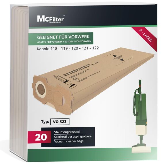 McFilter I 20 Staubsaugerbeutel kompatibel mit Vorwerk Kobold VK118 VK119 VK120 VK121 VK122 I Filterpapier 2-lagig I VK 118 VK 119 VK 120 VK 121 VK 122 I Ersatz für FP118-122 I Beutel-Typ VO 523
