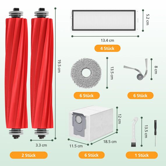 26 Stück Zubehör Ersatzteile für Roborock QV 35A/QV 35S Saugroboter, 2 Rollenbürste, 4 HEPA-Filter, 6 Staubbeutel, 6 Wischtücher, 6 Seitenbürsten, 1 Reinigungsbürste