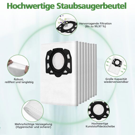12 Stück KFI 487 Staubsaugerbeutel für Kärcher WD4,WD5,WD6,WD5P,WD6P, MV 4, MV 5, MV 6,für Kärcher 2.863-006.0,Vliesfilterbeutelbeutel Filtertüten für Nass & Trockensauger, Weiß