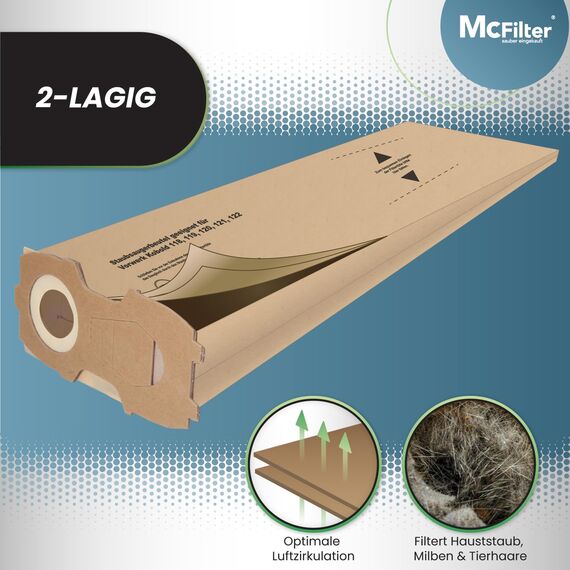 McFilter I 20 Staubsaugerbeutel kompatibel mit Vorwerk Kobold VK118 VK119 VK120 VK121 VK122 I Filterpapier 2-lagig I VK 118 VK 119 VK 120 VK 121 VK 122 I Ersatz für FP118-122 I Beutel-Typ VO 523