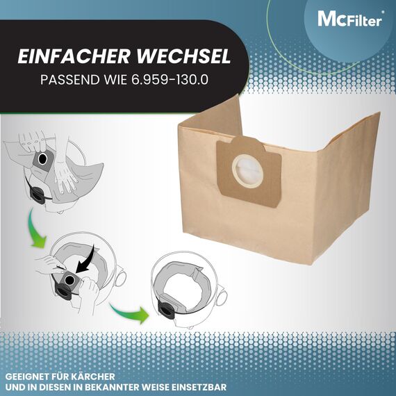 McFilter I 10 Staubsaugerbeutel + 1 Filter kompatibel mit Kärcher WD3 und MV3 Staubsauger, Alternative für 6.959-130.0 (Beutel) und 6.414-552.0 KFI 3310 (Patronenfilter), KA 32