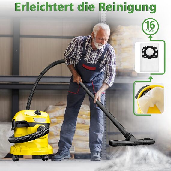 16 Stück KFI 357 Staubsaugerbeutel für Kärcher WD2Plus/WD3/KWD1 /KWD2/KWD3/MV3/WD3.200-WD3.800M/SE4001/SE4002 Staubsauger,Ersetzt 2.863-314.0,für Nass-/Trockensauger mit Kunststoffdeckscheibe