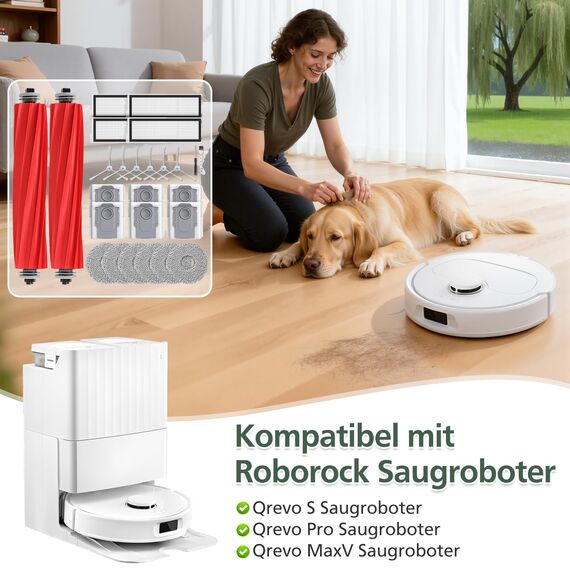 isinlive 26 Stück Zubehör Ersatzteile für Roborock Qrevo Pro/Qrevo S/Qrevo MaxV Saugroboter, 2 Rollenbürste, 4 HEPA-Filter, 6 Staubbeutel, 6 Wischtücher, 6 Seitenbürsten, 1 Reinigungsbürste