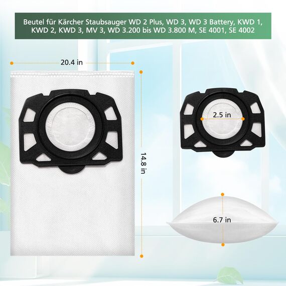 16 Stück KFI 357 Staubsaugerbeutel für Kärcher WD2Plus/WD3/KWD1 /KWD2/KWD3/MV3/WD3.200-WD3.800M/SE4001/SE4002 Staubsauger,Ersetzt 2.863-314.0,für Nass-/Trockensauger mit Kunststoffdeckscheibe