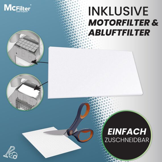 McFilter I 10 Staubsaugerbeutel kompatibel mit Grundig VCC3850, VCC 3850 A, formstabile Deckscheibe, inkl. Motorschutzfilter + Abluftfilter, Alternative zu Swirl Y 05