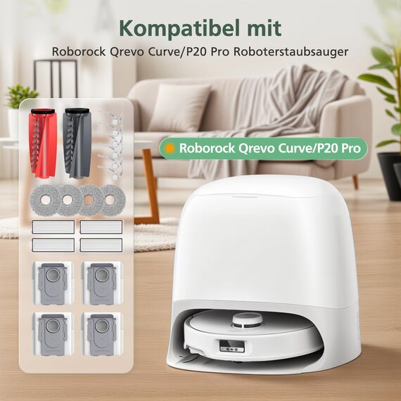 20 Stück Qrevo Curv Zubehör kompatibel mit Roborock Qrevo Curv/Curv s5x/ qrevo S5V/Qrevo Edge S5A Rboter-Staubsauger, 2 Rollenbürste, 4 HEPA-Filter, 4 Staubbeutel, 4 Wischtücher, 6 Seitenbürsten