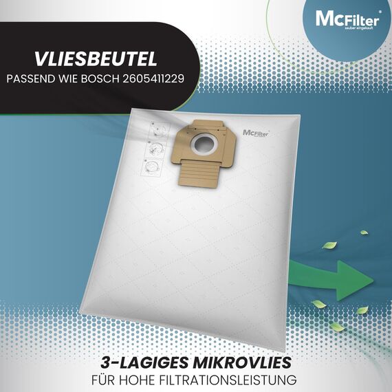 McFilter I 10 Staubsaugerbeutel Vlies geeignet für Bosch Staubsauger GAS20 L SFC, GAS15 L, GAS1200 L Professional, wie Bosch 2605411229, mehrlagiges Microvlies, Deckscheibe mit Staubverschluss