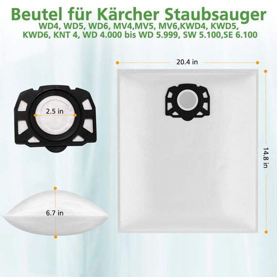 12 Stück KFI 487 Staubsaugerbeutel für Kärcher WD4,WD5,WD6,WD5P,WD6P, MV 4, MV 5, MV 6,für Kärcher 2.863-006.0,Vliesfilterbeutelbeutel Filtertüten für Nass & Trockensauger, Weiß