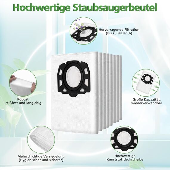 12 Stück KFI 357 Staubsaugerbeutel für Kärcher WD2Plus/WD3/KWD1 /KWD2/KWD3/MV3/WD3.200-WD3.800M/SE4001/SE4002 Staubsauger,Ersetzt 2.863-314.0,für Nass-/Trockensauger mit Kunststoffdeckscheibe