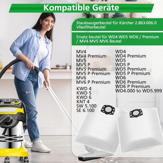 12 Stück KFI 487 Staubsaugerbeutel für Kärcher WD4,WD5,WD6,WD5P,WD6P, MV 4, MV 5, MV 6,für Kärcher 2.863-006.0,Vliesfilterbeutelbeutel Filtertüten für Nass & Trockensauger, Weiß