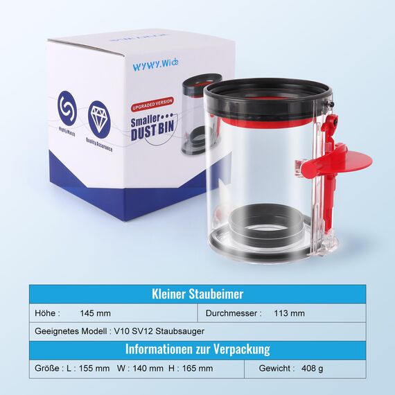 Klein Staubbehälter 969509-02 für Dyson V10 Motorhead für Fluffy V10 Staubsauger Ersatzteil 14,5 cm Behälter