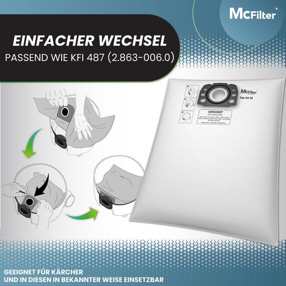 McFilter I 10 Staubsaugerbeutel + 2 Filter kompatibel mit Kärcher WD4 P S V-20/5/22, WD5 P V-25/5/22, WD6 P S V-30/6/22/T, MV4, MV5, MV6 Alternative für Kärcher KFI 487 wie KFI 4410 - Typ KA 33