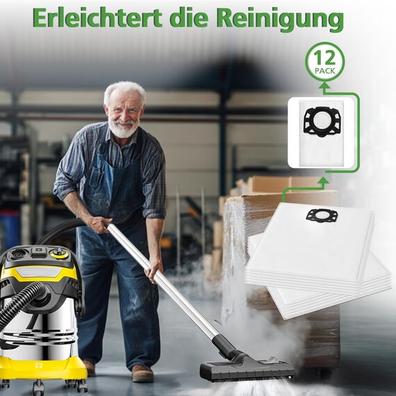 12 Stück KFI 487 Staubsaugerbeutel für Kärcher WD4,WD5,WD6,WD5P,WD6P, MV 4, MV 5, MV 6,für Kärcher 2.863-006.0,Vliesfilterbeutelbeutel Filtertüten für Nass & Trockensauger, Weiß