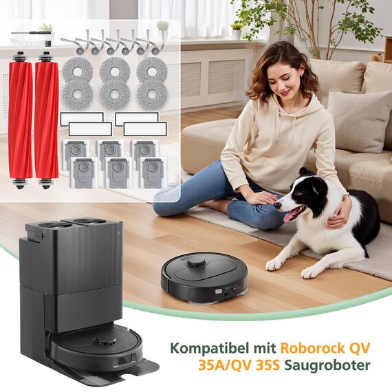 26 Stück Zubehör Ersatzteile für Roborock QV 35A/QV 35S Saugroboter, 2 Rollenbürste, 4 HEPA-Filter, 6 Staubbeutel, 6 Wischtücher, 6 Seitenbürsten, 1 Reinigungsbürste
