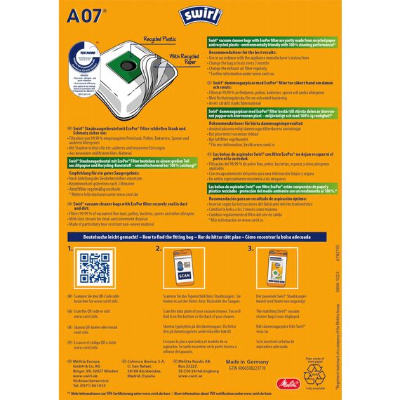 Swirl A 07 EcoPor Staubsaugerbeutel(10 Beutel)reißfeste Staubbeutel für einige AEG&Electrolux Staubsauger,Vorteilspack,im umweltfreundlichen Umkarton,99,9% Filterung von Hausstaub&allergenem Feinstaub