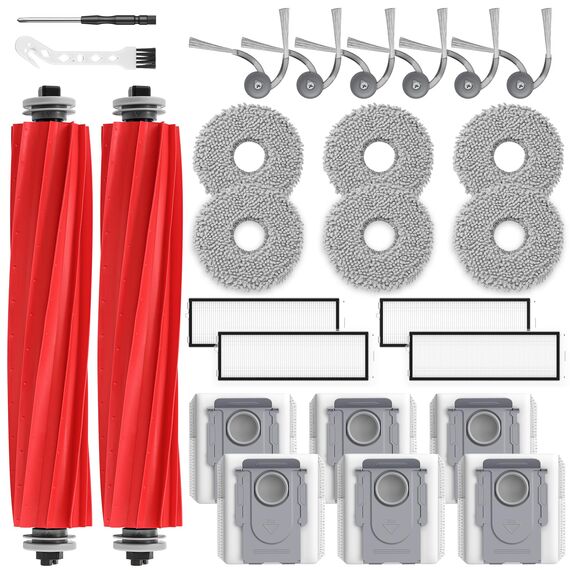 26 Stück Zubehör Ersatzteile für Roborock QV 35A/QV 35S Saugroboter, 2 Rollenbürste, 4 HEPA-Filter, 6 Staubbeutel, 6 Wischtücher, 6 Seitenbürsten, 1 Reinigungsbürste